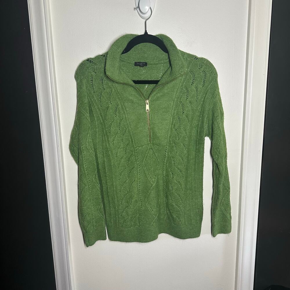 Talbots Women's Green Cable Knit Quarter Zip Collared Sweater Size Small - Picture 2 of 7